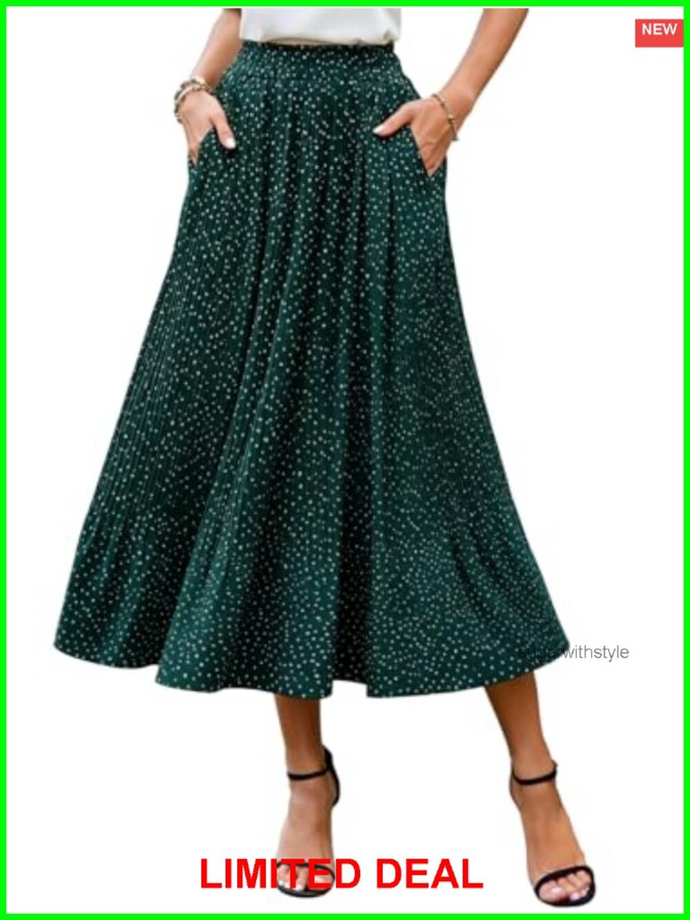 Womens Midi Skirt Summer Casual Pleated A-Line Flowy with Pockets Beach